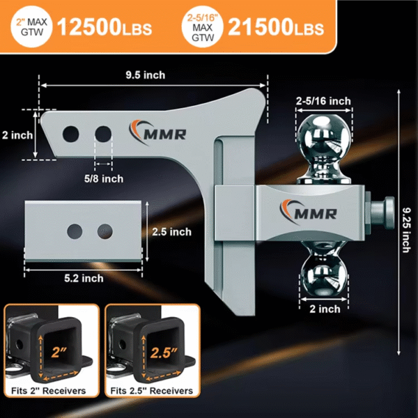 Heavy Duty 5 Inch Drop Hitch GTW 21500 LBS Aluminum Tow Hitches Adjustable Trailer Truck Hitch Ball Mount Fits 2 Inch Receiver